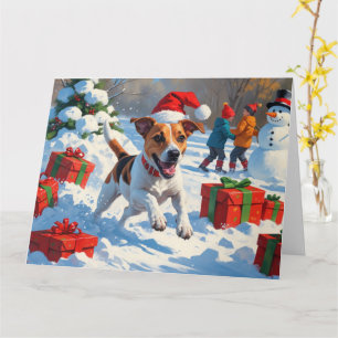 Jack Russell Running in Snow with Christmas Hat Card