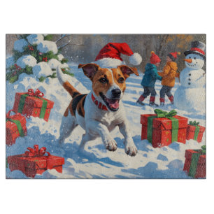 Jack Russell Running in Snow with Christmas Hat Cutting Board