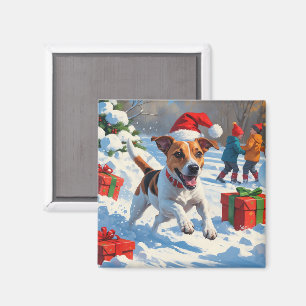 Jack Russell Running in Snow with Christmas Hat Magnet