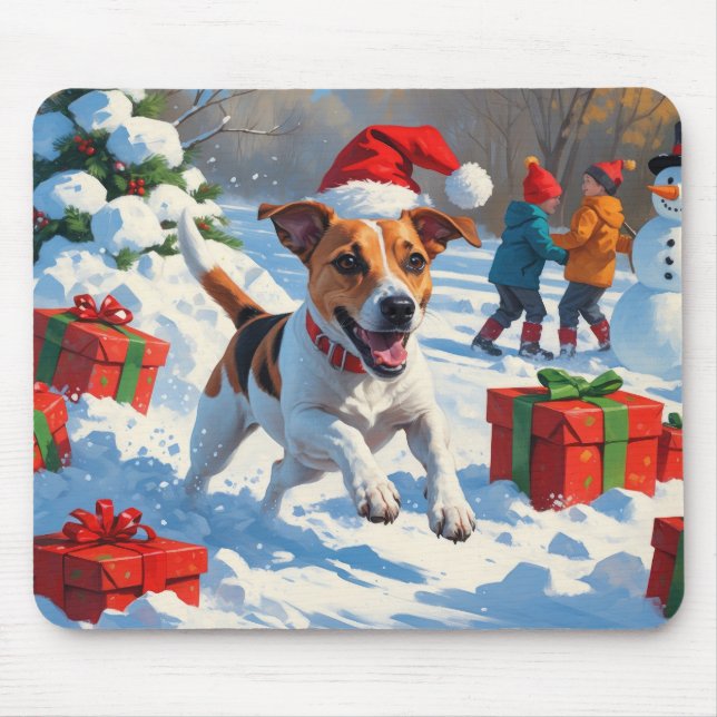 Jack Russell Running in Snow with Christmas Hat Mouse Pad (Front)