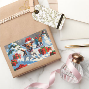 Jack Russell Running in Snow with Christmas Hat Rectangular Sticker