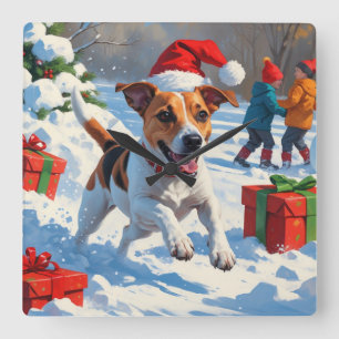 Jack Russell Running in Snow with Christmas Hat Square Wall Clock