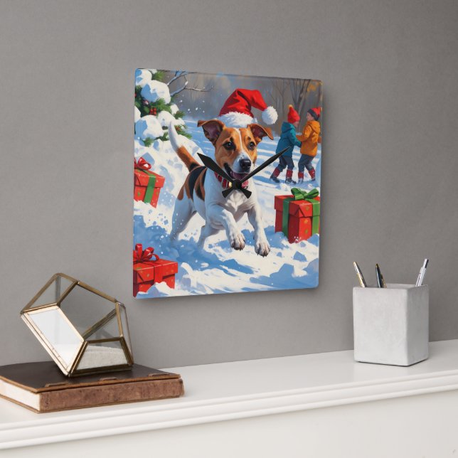 Jack Russell Running in Snow with Christmas Hat Square Wall Clock (Office)