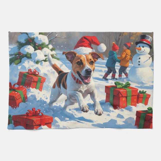 Jack Russell Running in Snow with Christmas Hat Tea Towel (Horizontal)