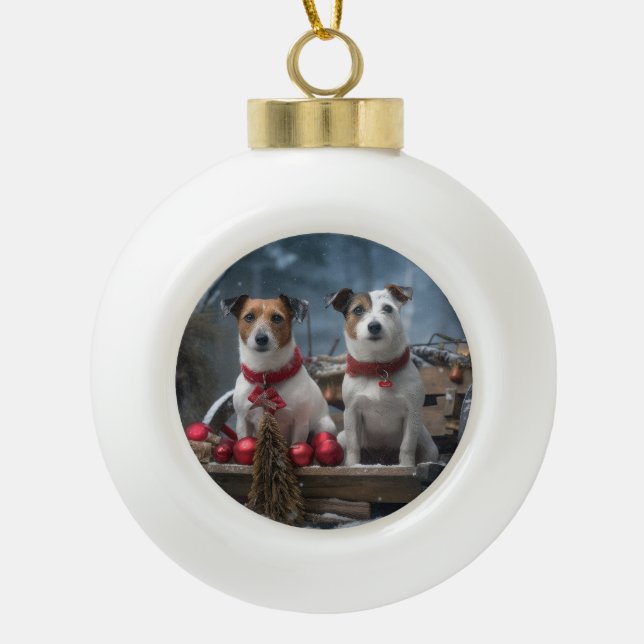 Jack Russell Snowy Sleigh Christmas Decor  Ceramic Ball Christmas Ornament (Front)