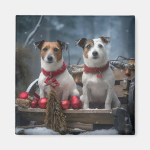 Jack Russell Snowy Sleigh Christmas Decor Magnet