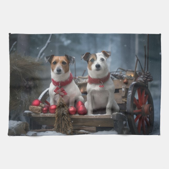 Jack Russell Snowy Sleigh Christmas Decor  Tea Towel (Horizontal)