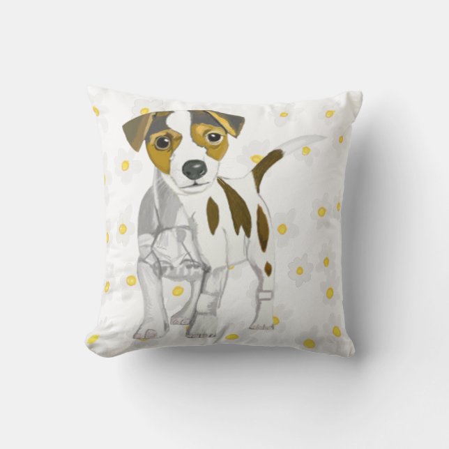 Jack Russell Terrier against a Daisy background. Cushion (Front)
