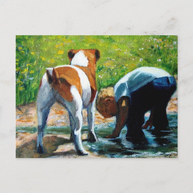 JACK RUSSELL TERRIER AND BOY: ART POSTCARD (Front)