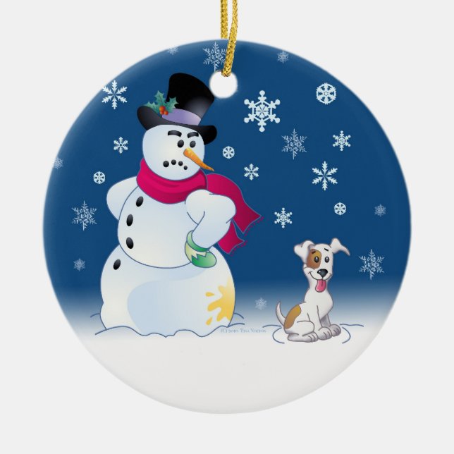 Jack Russell Terrier and Snowman Ceramic Tree Decoration (Front)