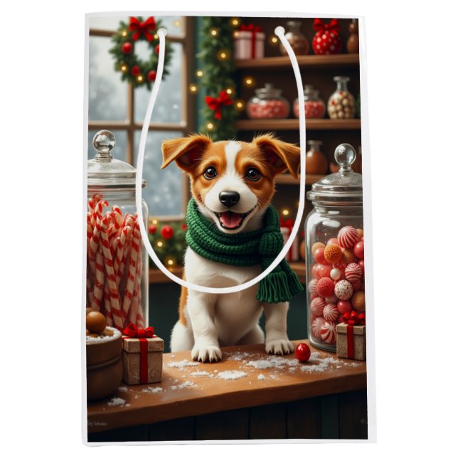 Jack Russell Terrier Christmas Candy Shop Art Medium Gift Bag (Front)