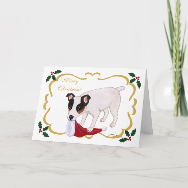 Jack Russell Terrier Christmas Holy Leaves Holiday Card (Front)