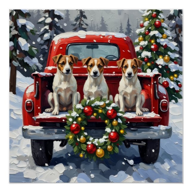 Jack Russell Terrier Christmas Red Truck Holiday Poster (Front)