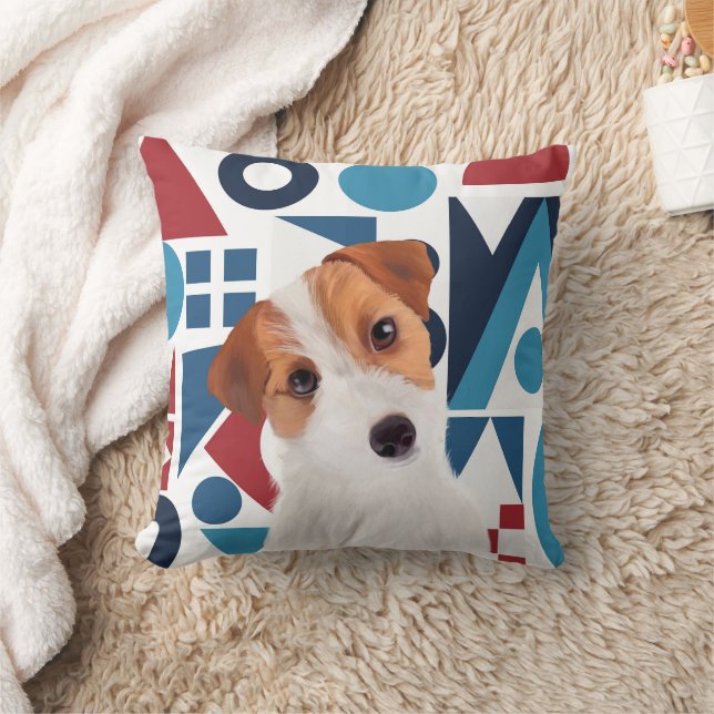 Jack Russell Terrier Dog Blue and Red Geometric Cushion (Blanket)