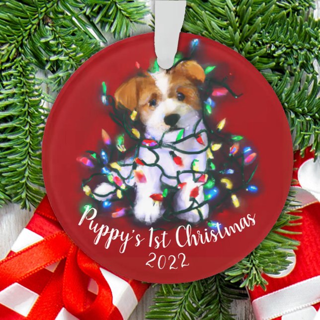 Jack Russell Terrier Dog & Christmas Tree Lights Ornament (Creator Uploaded)
