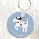 Jack Russell Terrier Dog Custom Text Key Ring<br><div class="desc">An adorable Jack Russell or Parson Terrier dog on a blue background.
Perfect for your favorite dog mom or dog dad.
Change or remove the text to customize.</div>