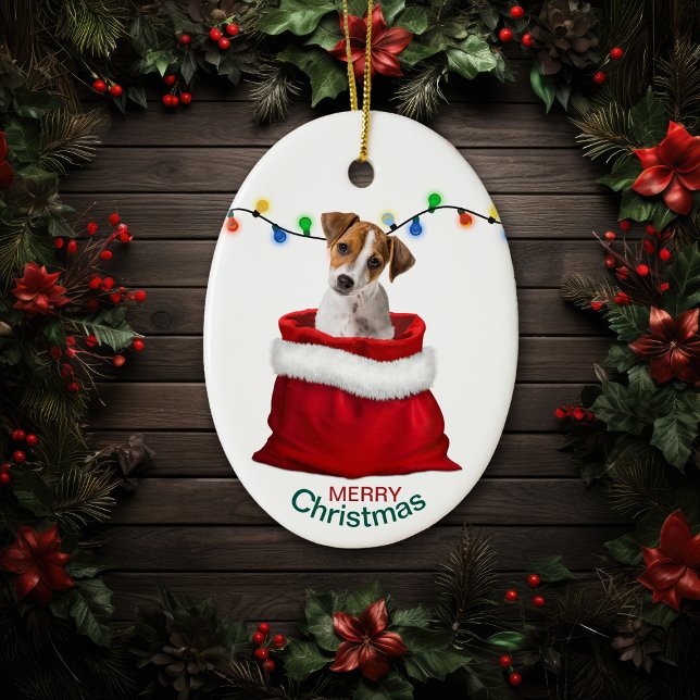 Jack Russell Terrier Dog in Holiday Gift Bag Ceramic Tree Decoration (Creator Uploaded)