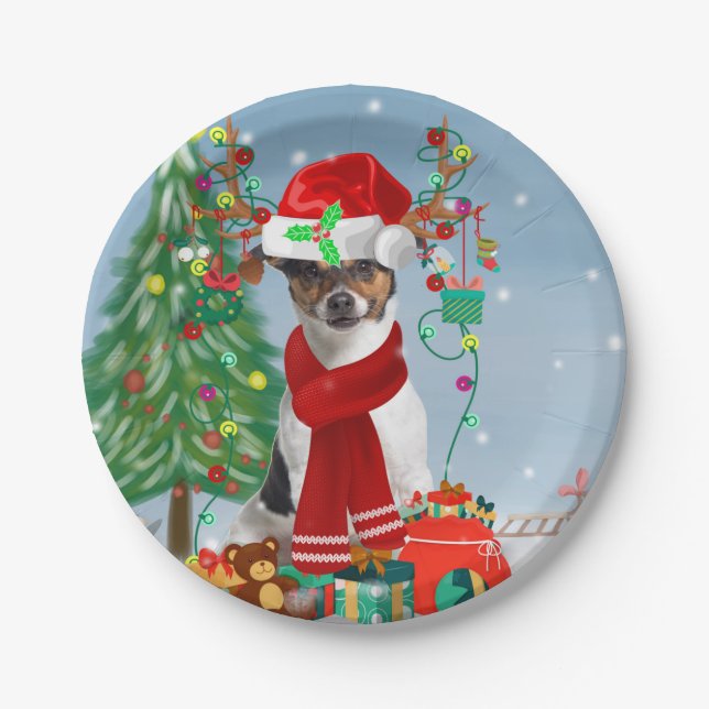 Jack Russell Terrier Dog in Snow Christmas Gifts  Paper Plate (Front)