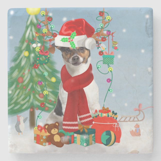 Jack Russell Terrier Dog in Snow Christmas Gifts   Stone Coaster (Front)