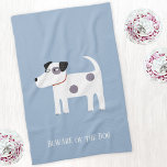 Jack Russell Terrier Dog Personalized Tea Towel<br><div class="desc">A cute but feisty Jack Russell Terrier dog on a blue background.  These lovely little pups are also known as Parson Russell Terriers.
Text can be removed or changed to personalize further.</div>