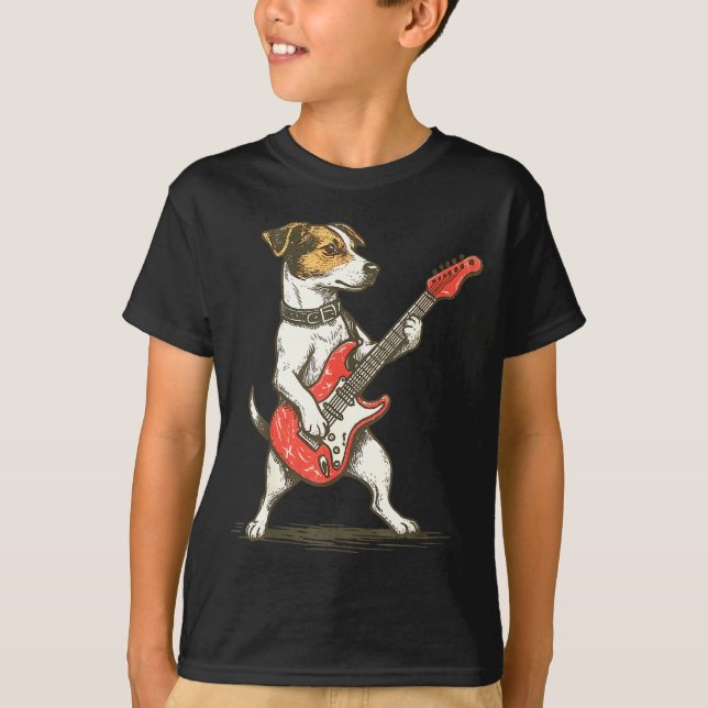 Jack Russell Terrier Dog Playing Guitar Rocker Gui T-Shirt (Front)
