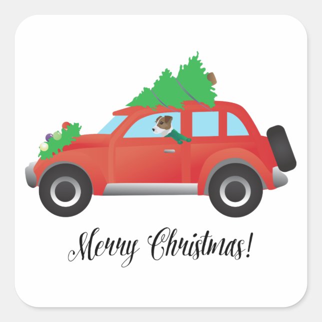 Jack Russell Terrier Driving Christmas Car Square Sticker (Front)