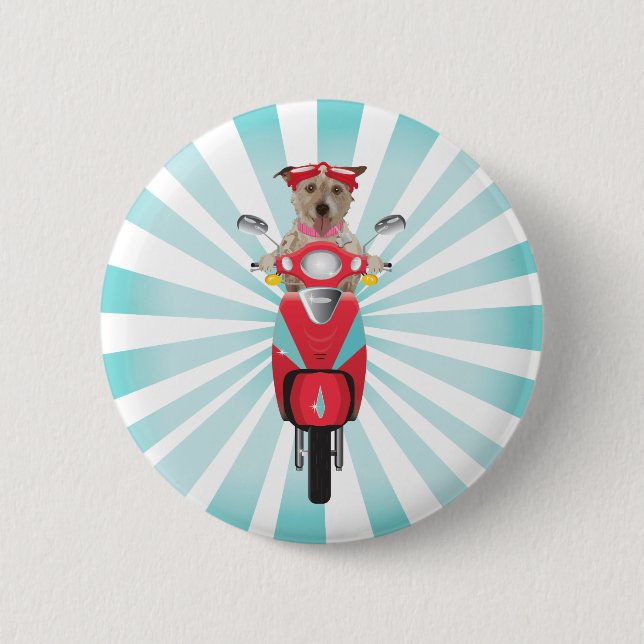 Jack Russell Terrier on Red Moped 6 Cm Round Badge (Front)