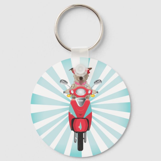 Jack Russell Terrier on Red Moped Key Ring (Front)