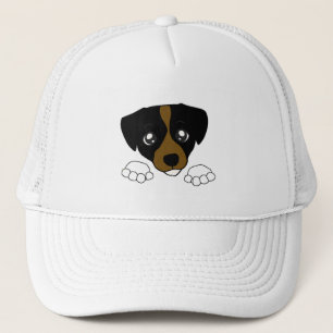 jack-russell-terrier peeking tri trucker hat