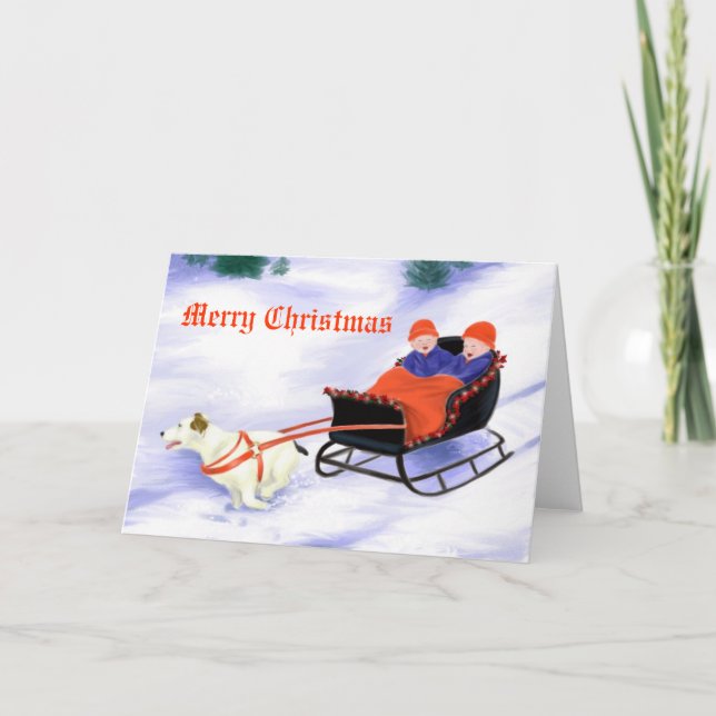 Jack Russell Terrier pulling sleigh Holiday Card (Front)
