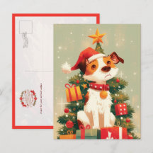 Jack Russell Terrier with Christmas Tree and Gifts