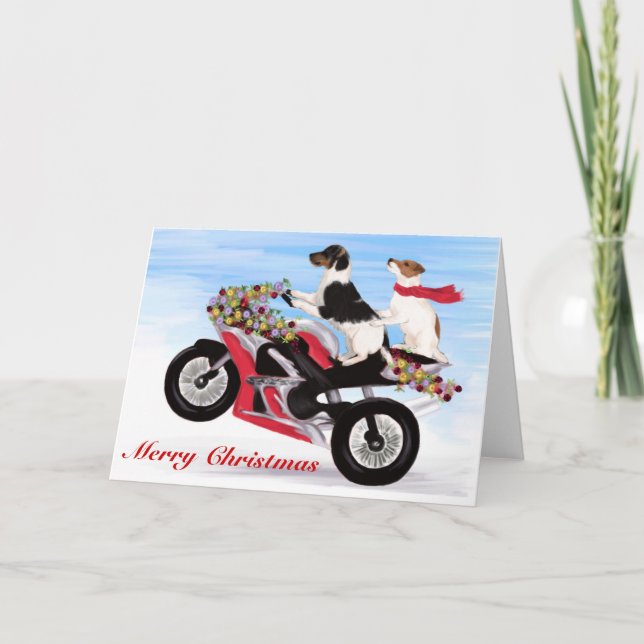 Jack Russell Terriers riding a motorcycle Holiday Card (Front)