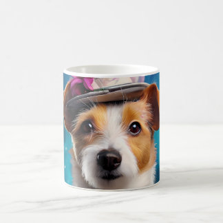Jack Russell, white hat, pink flower Coffee Mug