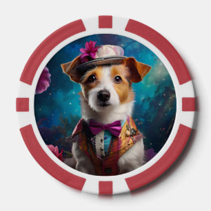 Jack Russell, white hat, pink flower Poker Chips