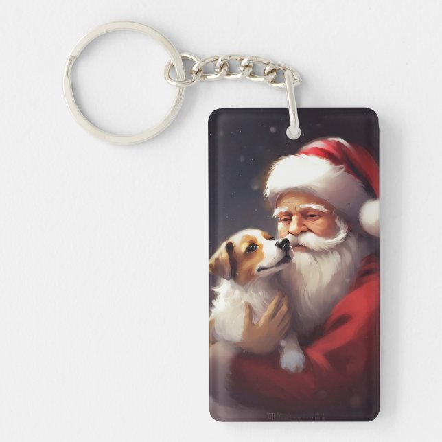 Jack Russell With Santa Claus Festive Christmas Key Ring (Front)