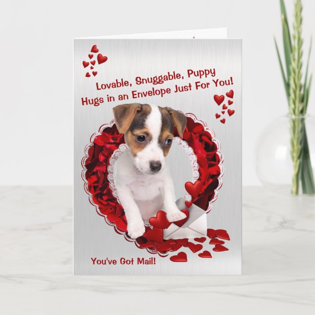 Jack Russell You've Got Mail Puppy Hugs Valentine Holiday Card (Front)