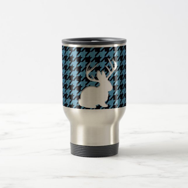 Jackalope Blue Black Houndstooth Travel Mug (Center)