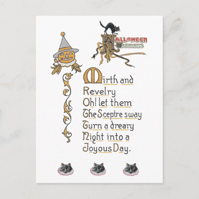 Jacko Lantern Pumpkin Cats Vintage Halloween art Postcard (Front)