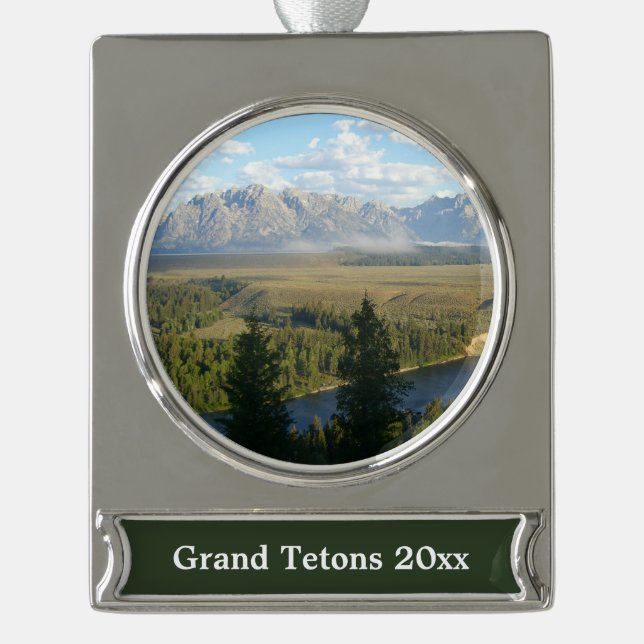 Jackson Hole Mountains and River Silver Plated Banner Ornament (Front)