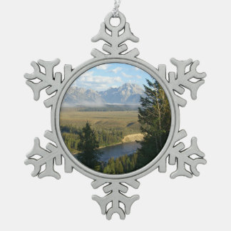 Jackson Hole Mountains and River Snowflake Pewter Christmas Ornament