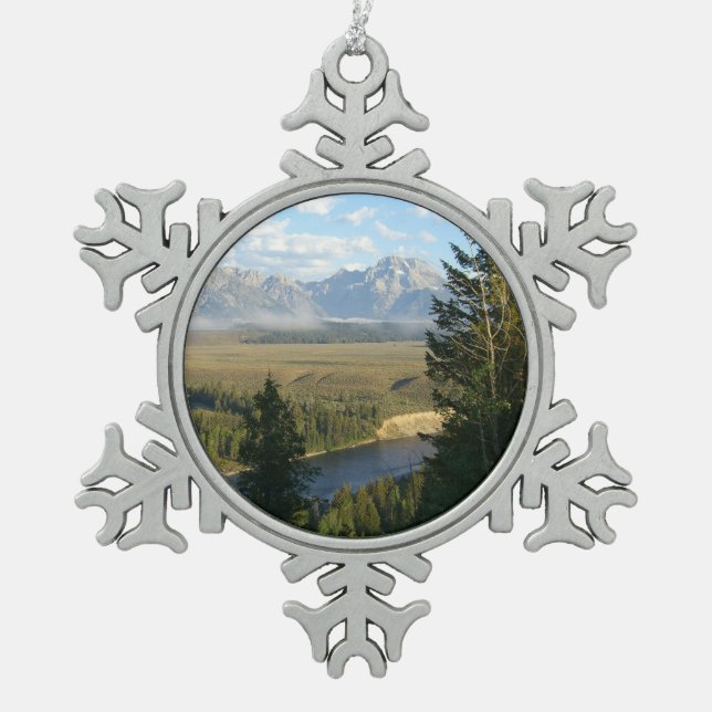 Jackson Hole Mountains and River Snowflake Pewter Christmas Ornament (Front)