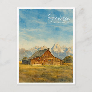 Jackson Hole Watercolor   Grand Teton Travel Art Holiday Postcard