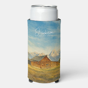 Jackson Hole Watercolor Grand Teton Travel Art Seltzer Can Cooler