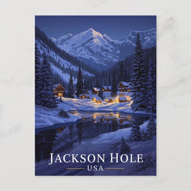 Jackson Hole Winter Night Snowy Postcard (Front)