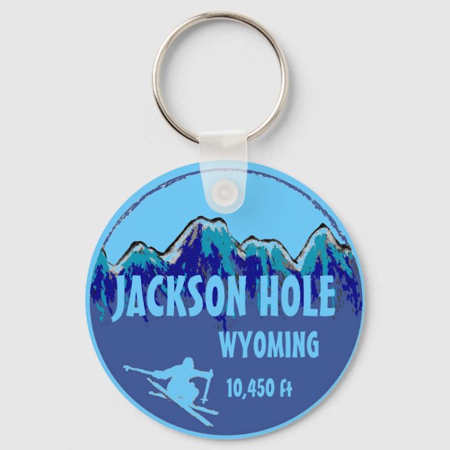 Jackson Hole Wyoming blue ski art keychain (Front)