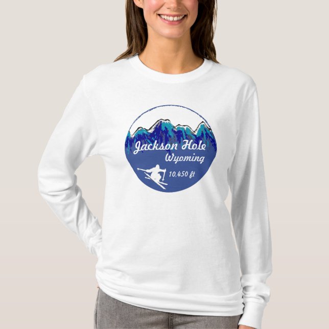 Jackson Hole Wyoming blue ski art ladies hoodie T-Shirt (Front)