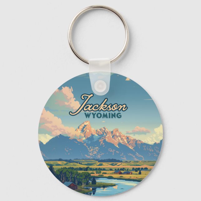 Jackson Hole Wyoming Ranch Tetons Mountains Retro Key Ring (Front)