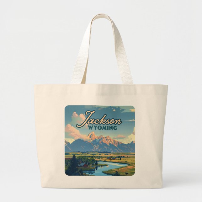 Jackson Hole Wyoming Ranch Tetons Mountains Retro Large Tote Bag (Front)