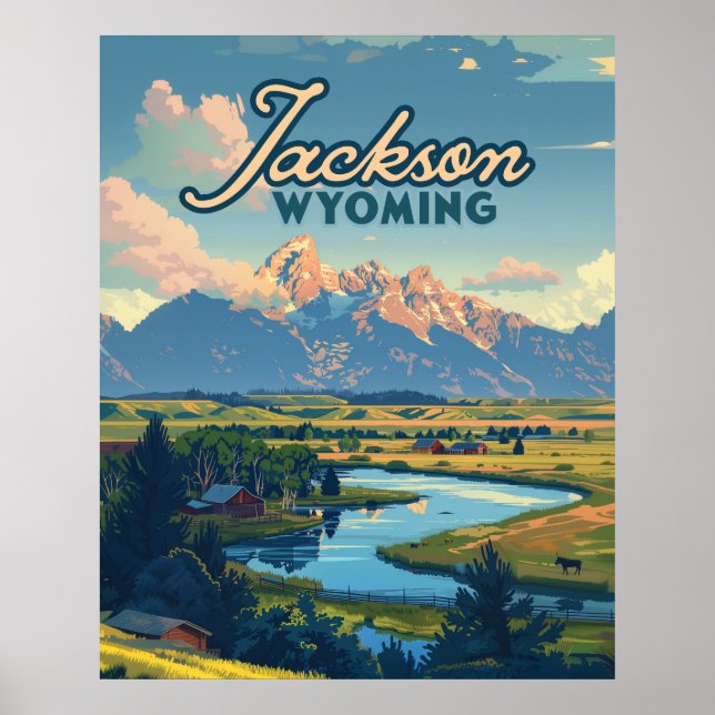 Jackson Hole Wyoming Ranch Tetons Mountains Retro Poster (Front)