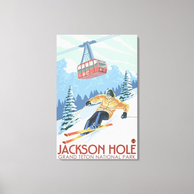 Jackson Hole, Wyoming Skier and Tram Canvas Print (Front)